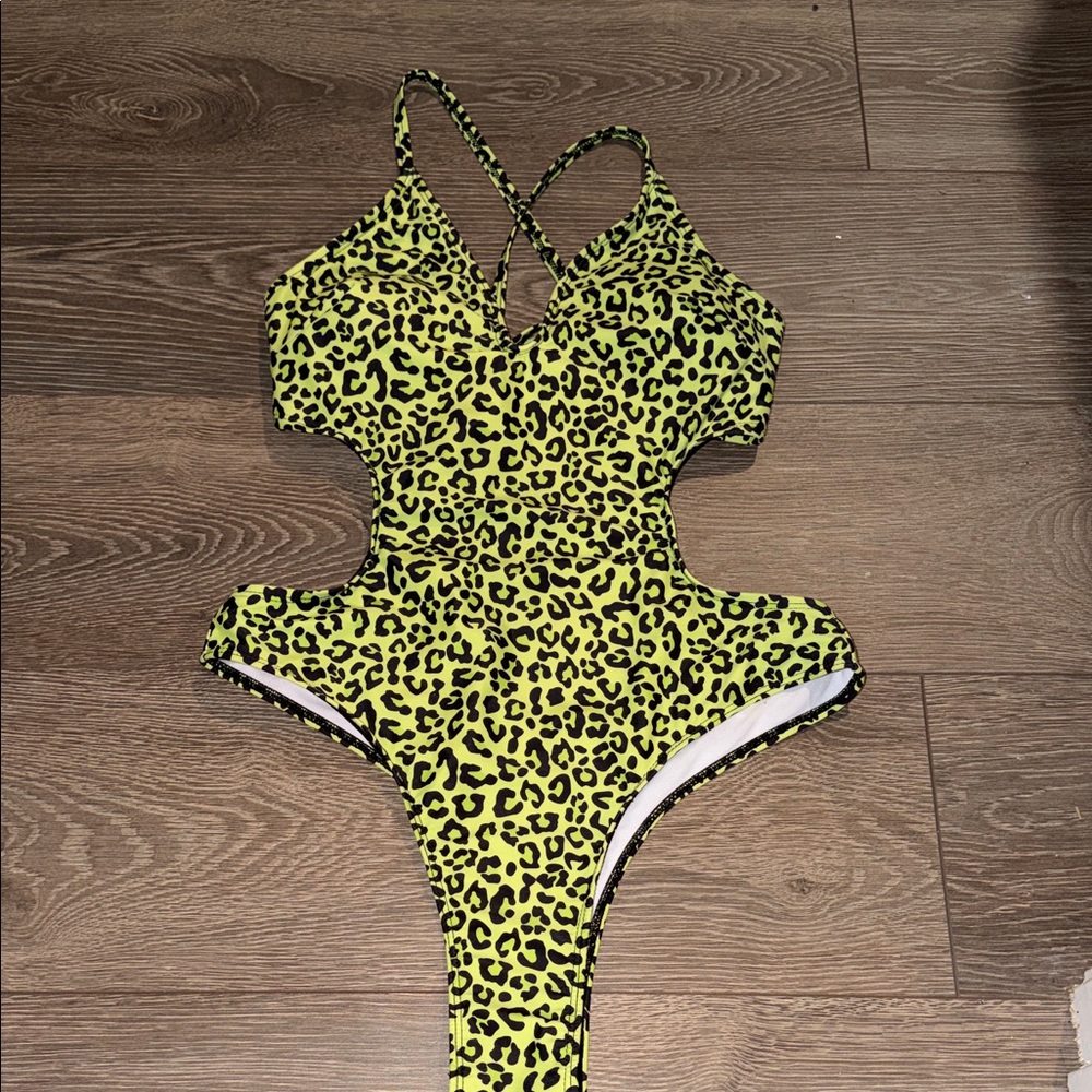 Neon Green Leopard Print Cutout One Piece Swimsuit Sexy Criss Cross Back 1XL